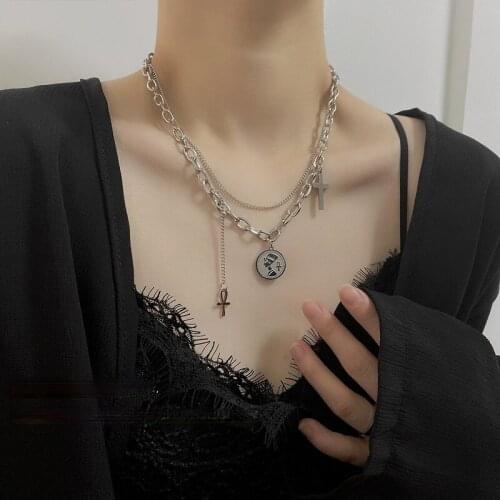 VSnow Stainless Steel Queen Coin Medallion Cross Pendant Necklace for Women Double Layer Chunky Chain Asymmetry Necklace Jewelry