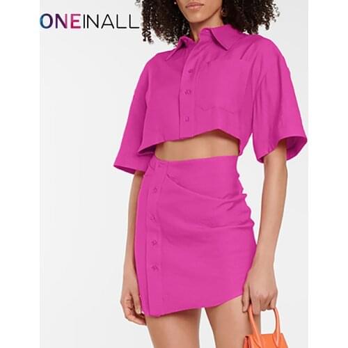 ONEINALL Patchwork Hollow Out Casual Dress For Women Lapel Short Sleeve High Waist Solid Sexy Mini Dresses Females Clothing 2021