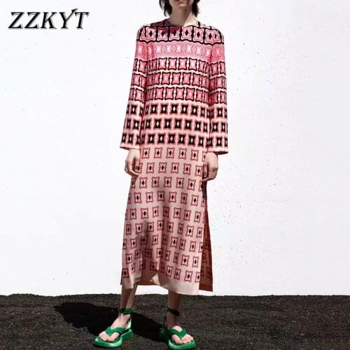 2021 Women Spring Fashion Print Maxi Dress Vintage O-Neck Long Sleeve Split Back Zipper Party Female Long Dresses Vestidos