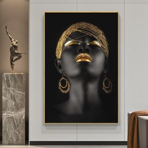 African Sexy Woman Canvas Art Posters And Prints Black Girls with Golden Headdress Canvas Paintings On the Wall Art Pictures