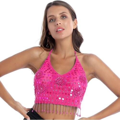 Women Girl Belly Dance Latin Tops Sequin Halter Neck Padded Bra Tops Beaded Tassel Brassiere Party Stage Performance Costume