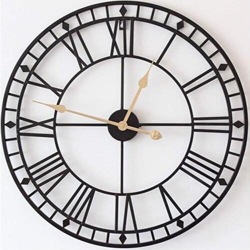 Hot sale European style black round roman wrought iron wall clock living room oversized decorative wall clock quartz clock