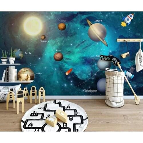Hand-painted space children room background wall painting