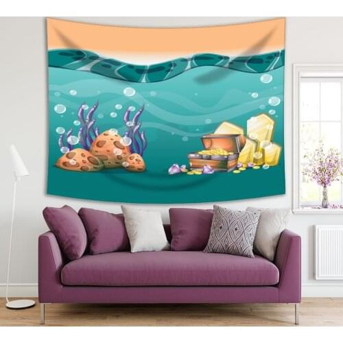 Tapestry Cartoon Underwater Stones and Gold in Wooden Chest Box Ancient Treasure Art Teal Yellow Brown