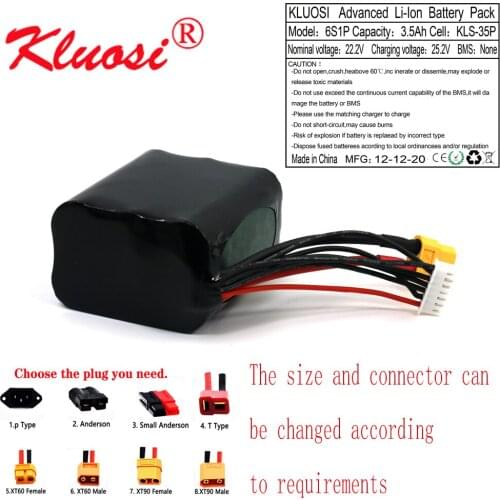 KLUOSI 6S1P 24V 3.5Ah 25.2V High Capacity UAV Rechargeable Li-ion Battery for Various RC Airplane Drone Quadrotor XH2.54-7P XT60