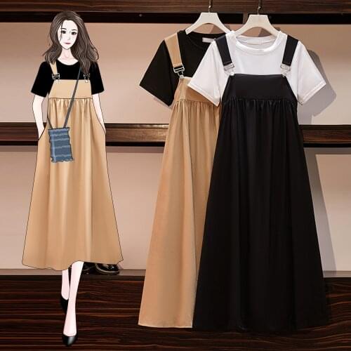 Summer 2021 New Oversized Women Sets Korean Chic Casual Overalls Straps Dress + Cotton Tops Two Piece Female Suits KE991