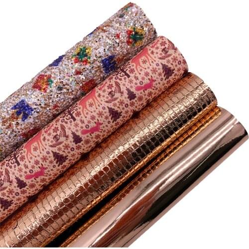 Christmas Gifts Chunky Glitter Leather Sheets Elks Printed Synthetic Leather Metallic Faux Vinly For DIY Bows 21X29CM 6S118