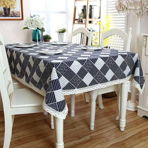 Linen Cotton Tablecloth Comfortable Wave Pattern White Lace Hem Splice Washable Table Cloth for Coffee Dinner Wedding Banquet