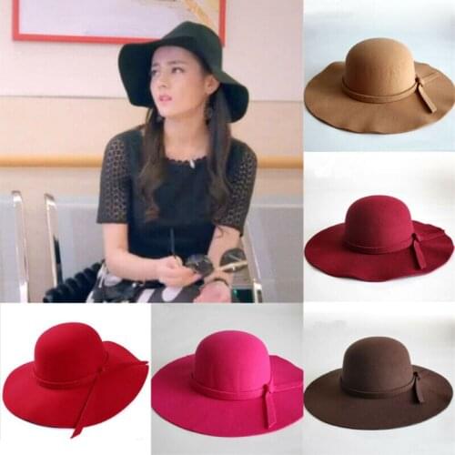 2020 Fashion New Vintage Women Girl Ladies Floppy Wide Brim Wool Felt Bowler Beach Hat Solid Sun Cap