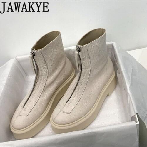 Round Toe Chunky Sole Motocrycle Boots Real Leather Ankle Boots Front Zip Design Chelsea Boots Women Winter Fashion Botas mujer