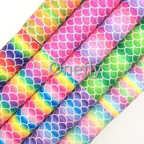 Onefly Rainbow Mermaid Printed Fine Glitter Leather with Soft Felt Backing, Glitter Fabric For Bow DIY handbags shoes FZ008