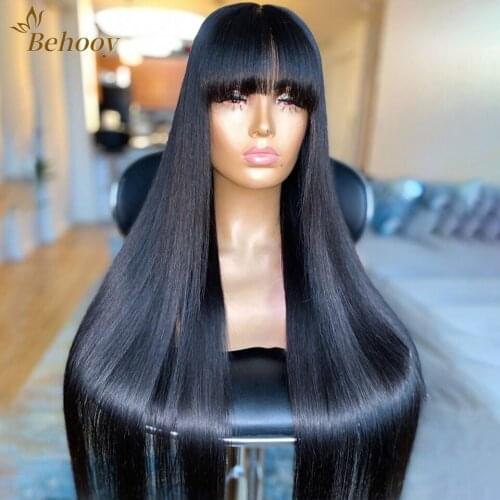 Long Black Straight Hair Lace Wigs Glueless Heat Resistant Synthetic Lace Front Wig With Full Bangs For Black Women