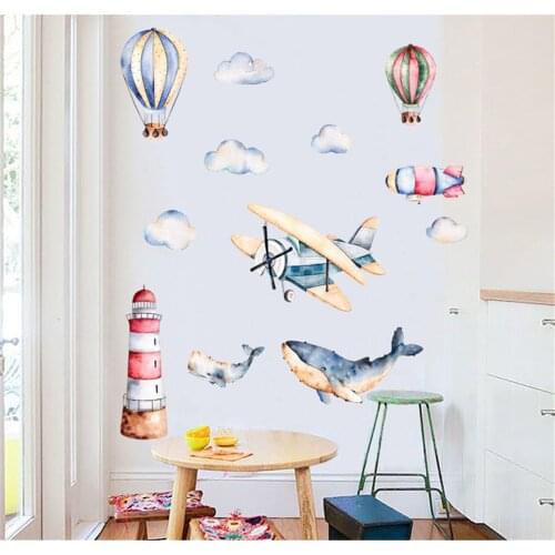 Fire Balloon Plane Shark Lamp Tower Wall Decor Stickers For Kids Rooms Boys Bedroom Decoration Decals Self Adhesive Vinyl Poster