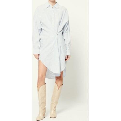 Womens Long Sleeve Stripes Shirt Dress Single Breasted 2021New Summer Autumn Ladies Turn-Down Collar Simple Irregular Mini Robe