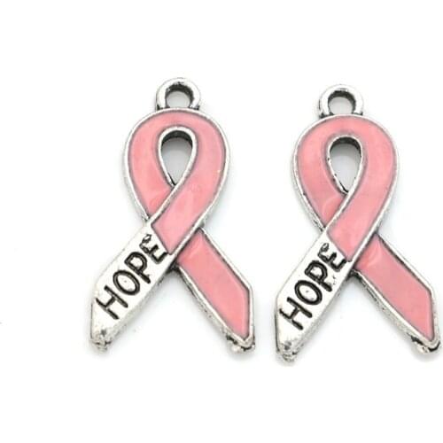 Antique Silver Plated Enamel Breast Cancer Ribbon Hope Charms Pendant fit Jewelry Making Accessories DIY Craft 26x14mm