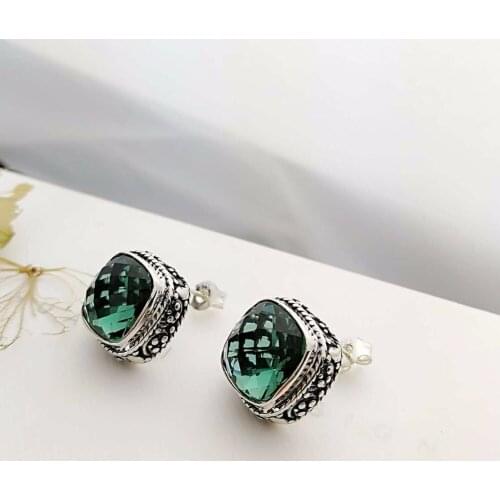Party Wearing Big Size Cut Multi Green Crystal Stud Punk Vintage Square Push-Back Clasp Earrings for Women Jewelry