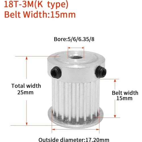1pcs HTD 3M Timing Pulley 18 Teeth Bore 5/6/6.35/8mm for Width 15mm 3M Synchronous belt HTD3M Pulley 18Teeth 18T CNC K type
