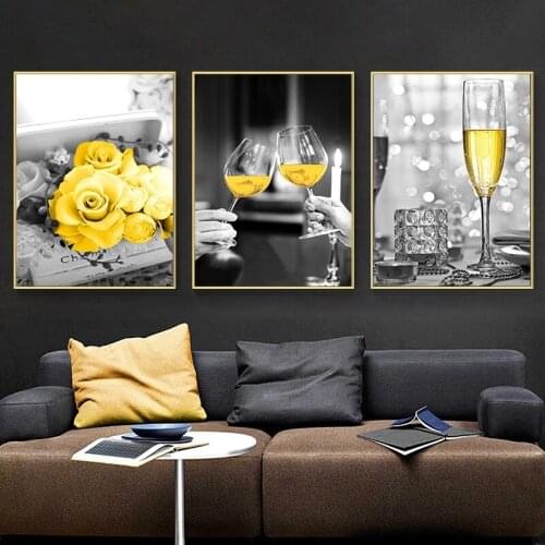 Nordic Canvas Mural Posters and Prints Black Yellow Contrast Painting Modern Home Decor Flower Glasses Paris Eiffel Tower Pictur