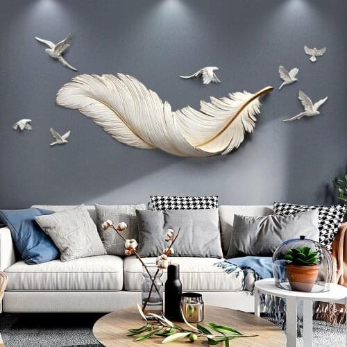 Nordic Luxury FRP Feather Wall Murals Home Livingroom Sofa Background Wall Sticker Crafts Hotel Office Wall Hanging Decoration