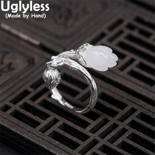 Uglyless Elegant Magnolia Flower Rings for Women Natural Jade Floral Jewelry Matte Silver Bud Charms 925 Silver Fashion Rings