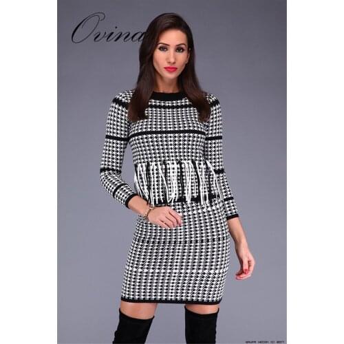 High Quality Sexy Winter Long Sleeve O Neck Mini Jacquard Tassel Bandage Women Dress Party Dress