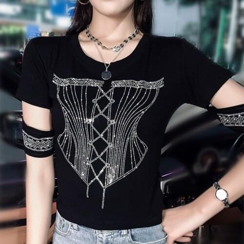 High Street Sexy Summer New T shirt Women Tops Woman Sparkle Sequins Hollow Out Tees Women Black Club Geek Tshirts Tops SY204
