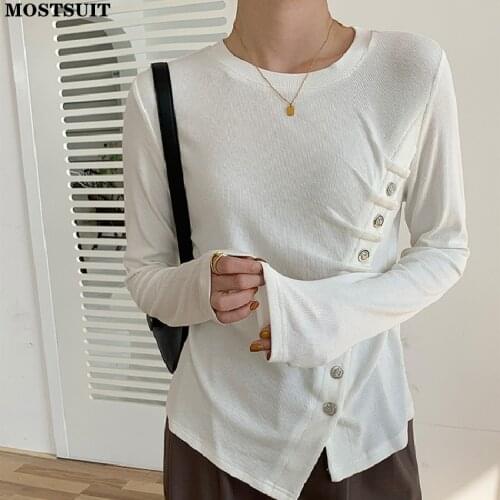 Autumn Buttons Split Women T Shirt Tops Full Sleeve O-neck Pullover Solid Casual Stylish Female T-shirt Femme 2021