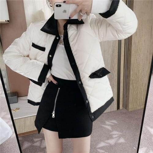 Black and white color matching long-sleeved cotton jacket women autumn and winter all-match thinner cotton jacket ladies jacket