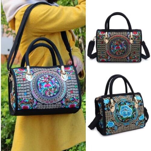 Women Floral Embroidered Handbag Ethnic Boho Canvas Shopping Tote Zipper Bag