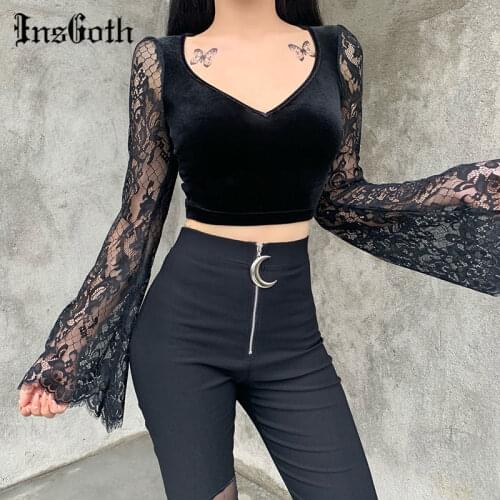 InsGoth Gothic Sexy V Neck Lace Black Tops Harajuku Vintage Velvet Bodycon Crop Top Women Autumn Transparent Long Sleeve Tops