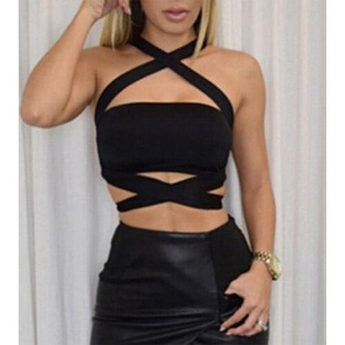 Women Summer Sexy Criss Cross Halter Bandage Crop Top Tank Cut Out Bustier Cami
