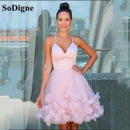 SoDigne Pink Short/Mini Prom Dresses Simple Spaghetti Straps Hand-Made Flower Sleeveless Homecoming Dress Formal Prom Gown