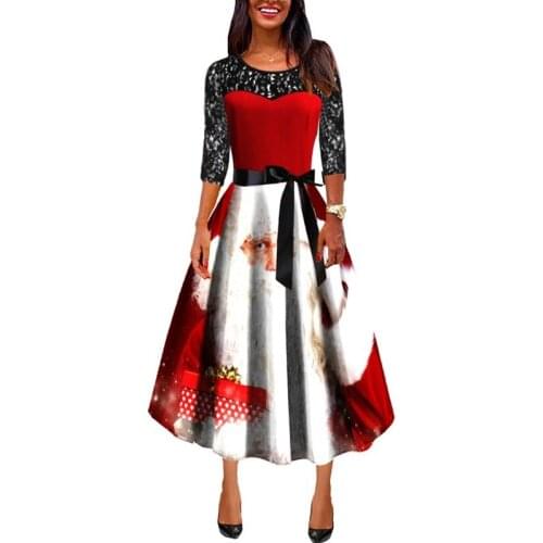 Santa Print Red A Line Dress Women Elegant Sexy Christmas Lace Up High Waist Dress 2020 Autum Winter Female Bow-Knot Slim Dress