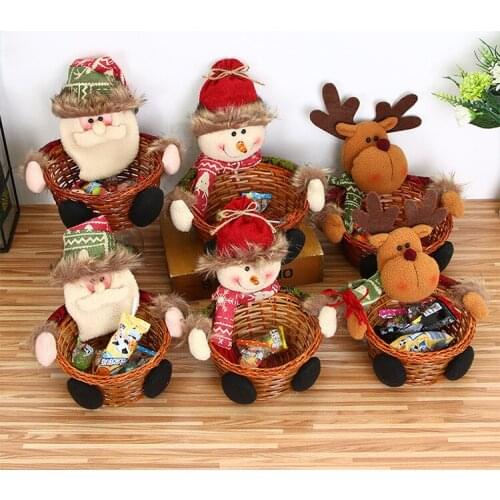 1pcsHot Merry Christmas Candy Wicker Basket Christmas Decorations Elk Snowman Santa Claus Fruit Basket Food Holder Home Decor