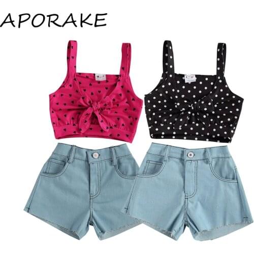2021 1-6Y Fashion Summer Girls Clothing Hearts/Polka Dot Print Sleeveless Bow Lace-up Camisole+Loose Denim Shorts Daily Life