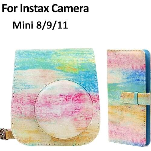 3 Inch 96 Pocket Album+PU Leather Case Bag Protective Cover Painting For Fujifilm Instax Mini 11/9/8 Camera with Shoulder Strap