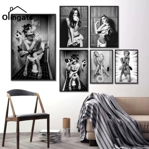 Black and White Wall Art Nordic Sexy Girl Sits In a Toilet Canvas Posters One Piece Canvas Painting Toilet Home Bathroom Decor