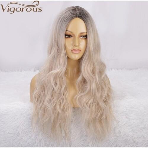 Vigorous Long Wavy Synthetic Wigs Ombre Platinum Wigs for Women Middle Part Natural Hair Heat Resistant Party Wig