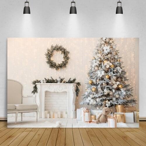 Laeacco White Fireplace Christmas Wreath Tree Child Portrait Photographic Backdrop Interior Chair Toys Bear Photocall Background