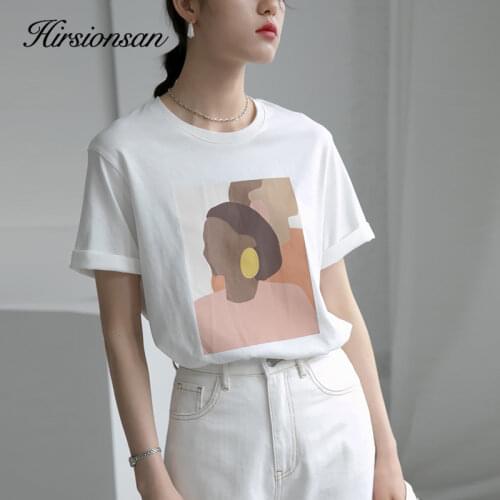 Hirsionsan Abstract Graphic T Shirt Women 2021 New Aesthetic Character Printed Cotton Tees Loose Basic Short Sleeve Female Tops