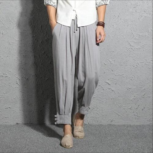 M-5xl Autumn Mens Linen Trousers Loose Cotton Linen Harem Pants Buckle Casual Pants Thin Section Hairstylist Feet Harlan Pants