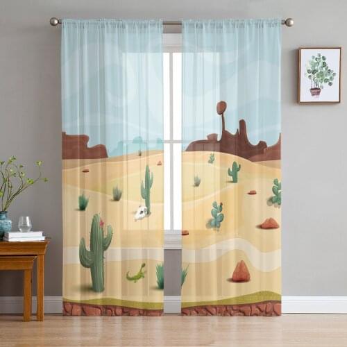 Cartoon Cactus Desert Tulle Curtains for Living Room Bedroom Decoration Modern Chiffon Sheer Voile Kitchen Window Curtain