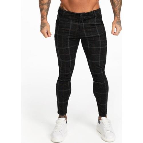 GINGTTO Men Skinny Chino Pants Autumn Winter Black Plaid Pants Skinny Pant Men High Waist DROPSHIPPING zm383