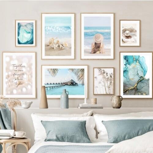 Blue Sunny Beach Pearl Shell Ins Marbling Wall Art Canvas Painting Nordic Posters And Prints Wall Pictures For Living Room Decor