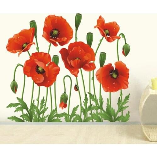 New Red Poppy Removable Art Waterproof Bedroom Wall Stickers Home Decor Art Flower Vinyl Mural Wall Decals Removable