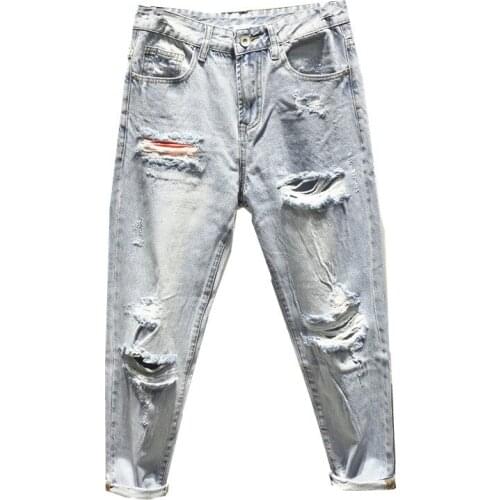 Wholesale 2021 Fashion Loose brushed brushed pierced beggar pants mens trendy brand light-colored washed ankle length jeans men