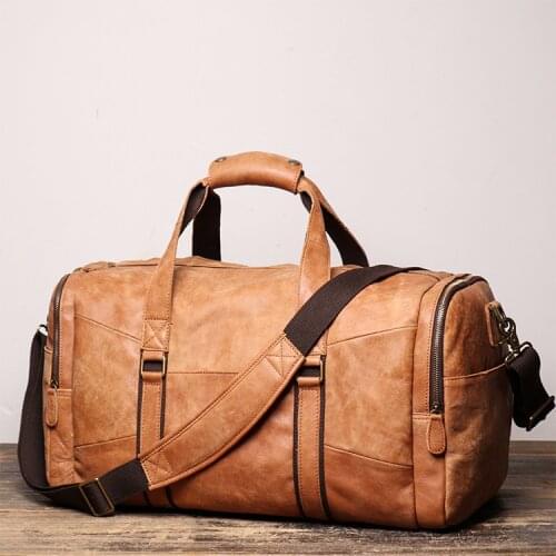 Luxury Full Grain Leather Mens Travel Bag Big Duffel Beg Cowskin Weekender Bags Genuine Leather Vintage Luggage Bag