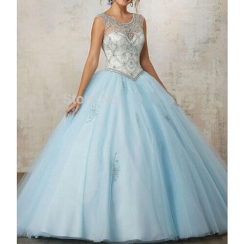 Rubydress Hot Sale Sexy Blue Quinceanera Dresses Ball Gowns Long Blue Tulle Appliques Beaded Sweet 16 Dress
