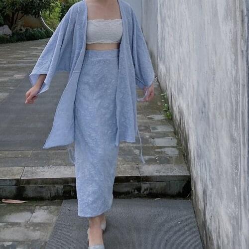 Blue Long Sleeve Mid-Length Cardigan Women Vintage Fashion2021Summer High Waist Bag Hip Skirt Vacation Japanese Kimono 2 PCS Set