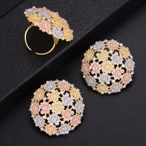 LARRAURI Bridal indian jewelry Three Tones Mixed Cubic Zirconia Flower Shape Stud Earrings Adjustable Resizable Ring Jewelry Set